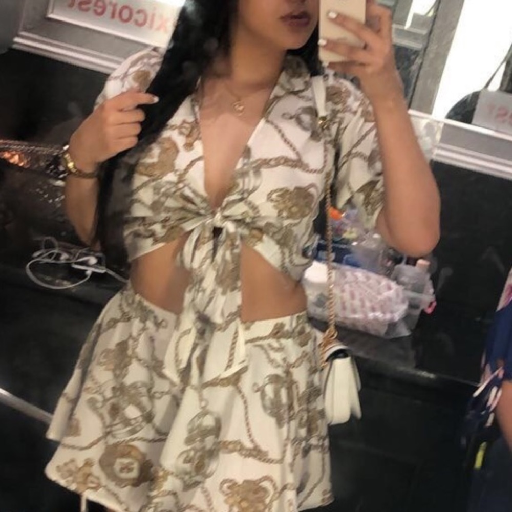 Multi Chain Print Tie Front Shirt+Shorts Set